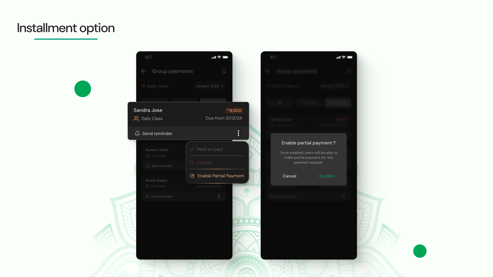 App interface of partial payment for collecting fees through CoFee