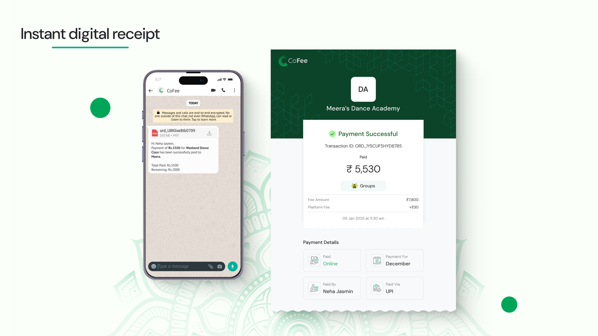 Instant digital receipts for fee payment on WhatsApp and CoFee app