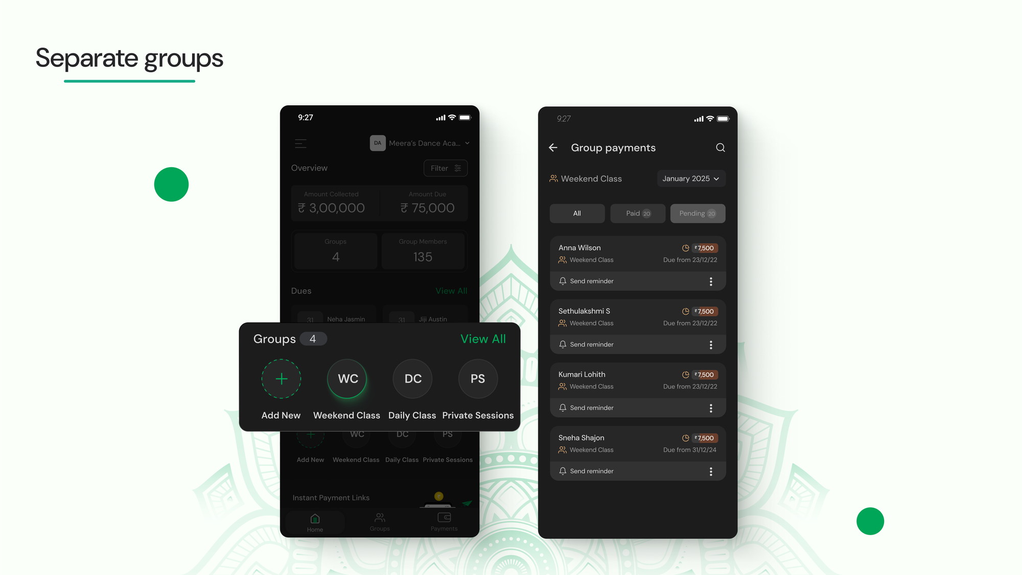 App interface for group creation for collecting fees through CoFee