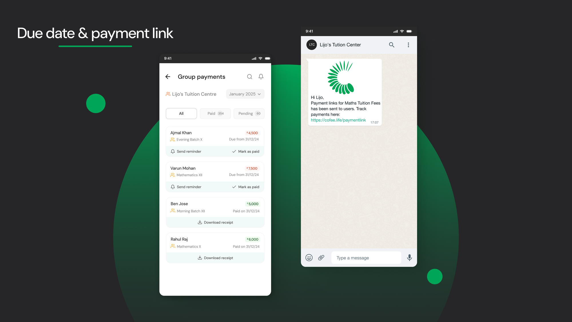 App interface of due dates and WhatsApp payment link for collecting fees through CoFee