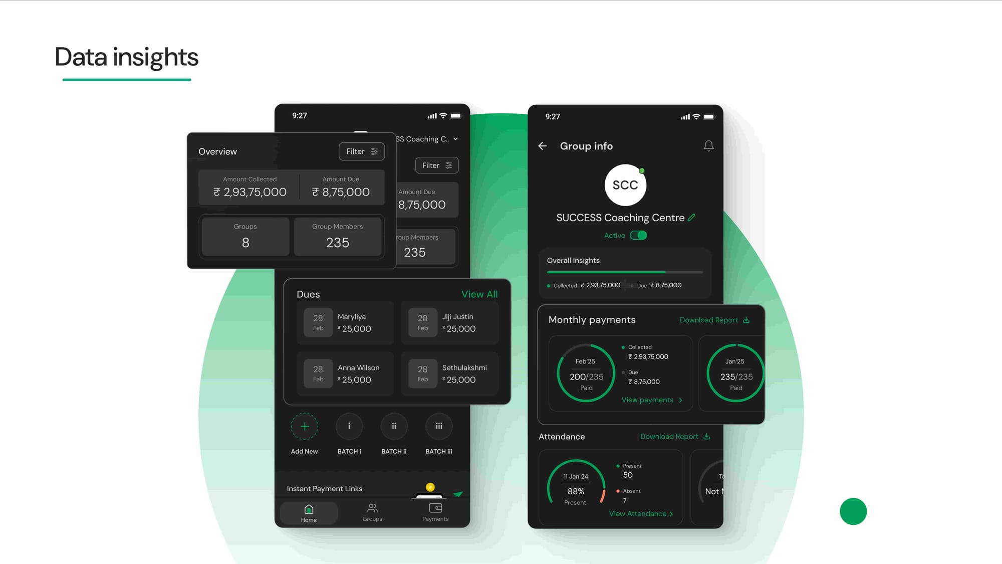 App interface showing financial insights and payment overview for coaching fee management