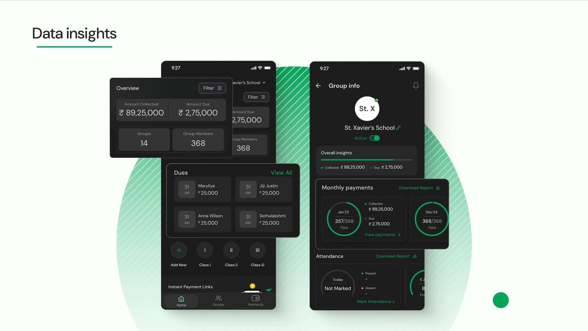 App interface showing financial insights and payment overview for school fee management