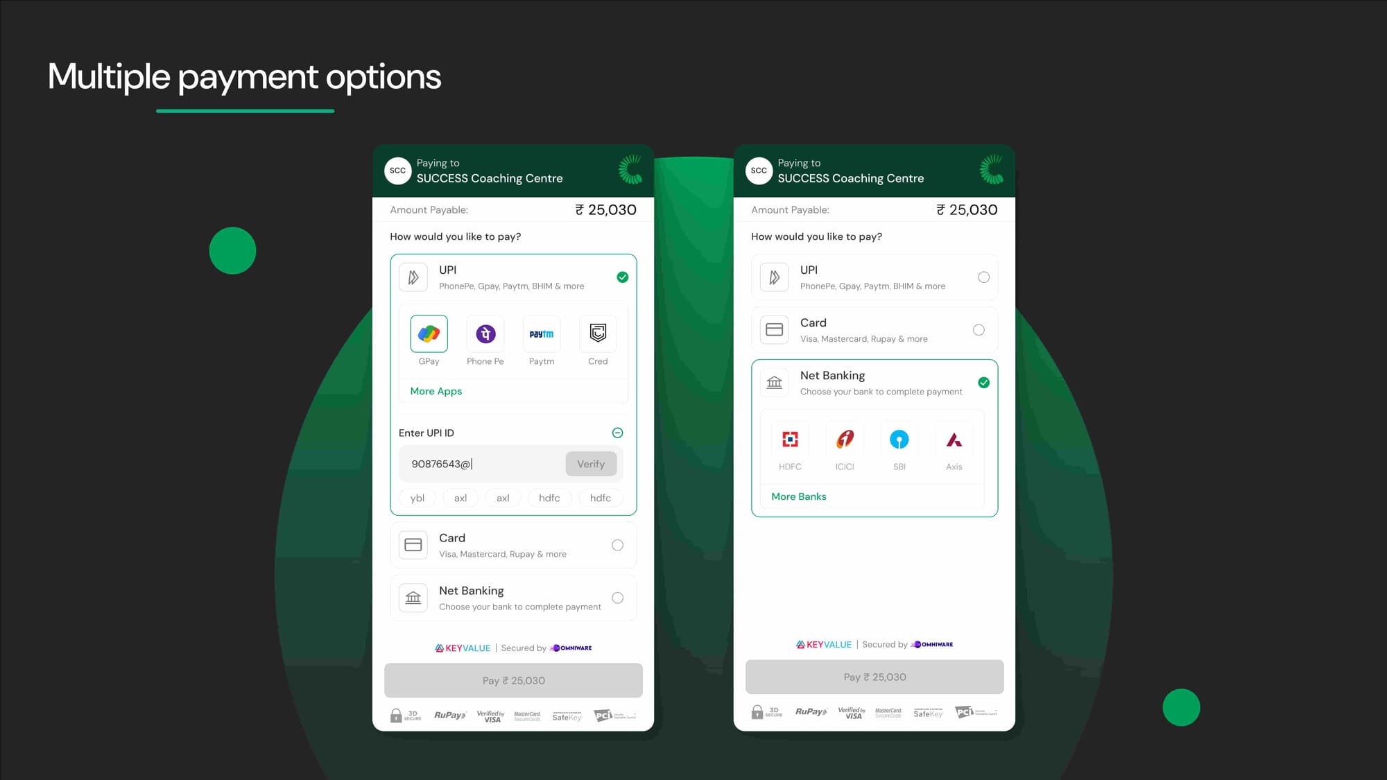 Payment interface showcasing multiple payment methods for paying coaching centre fees