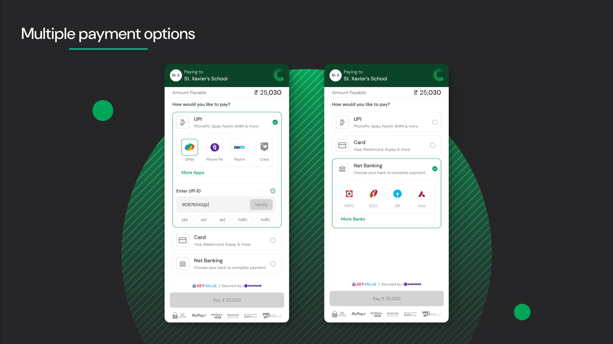 Payment gateway interface showcasing multiple payment methods for school fees