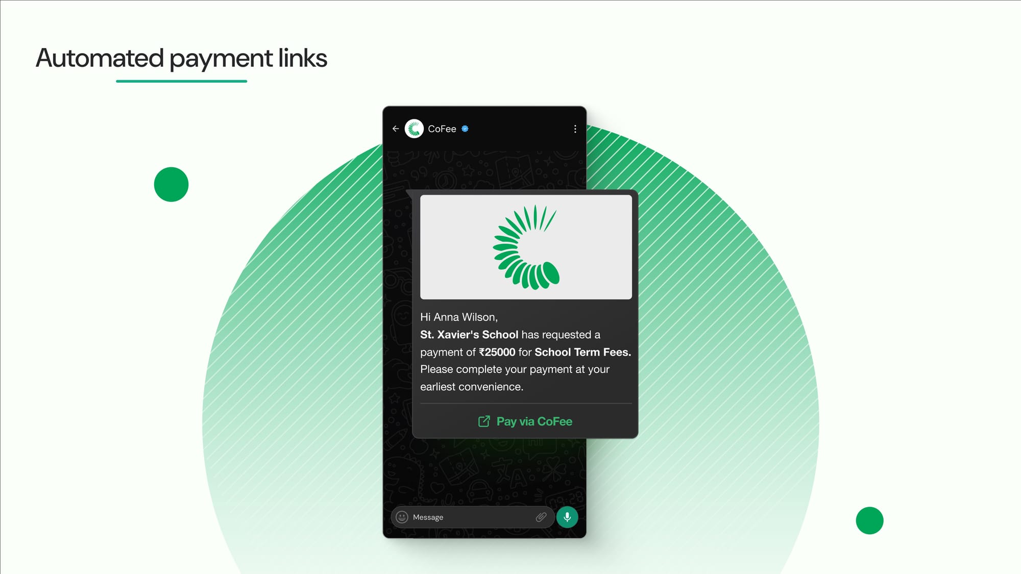 App interface showing automated reminders and WhatsApp payment link for school fees