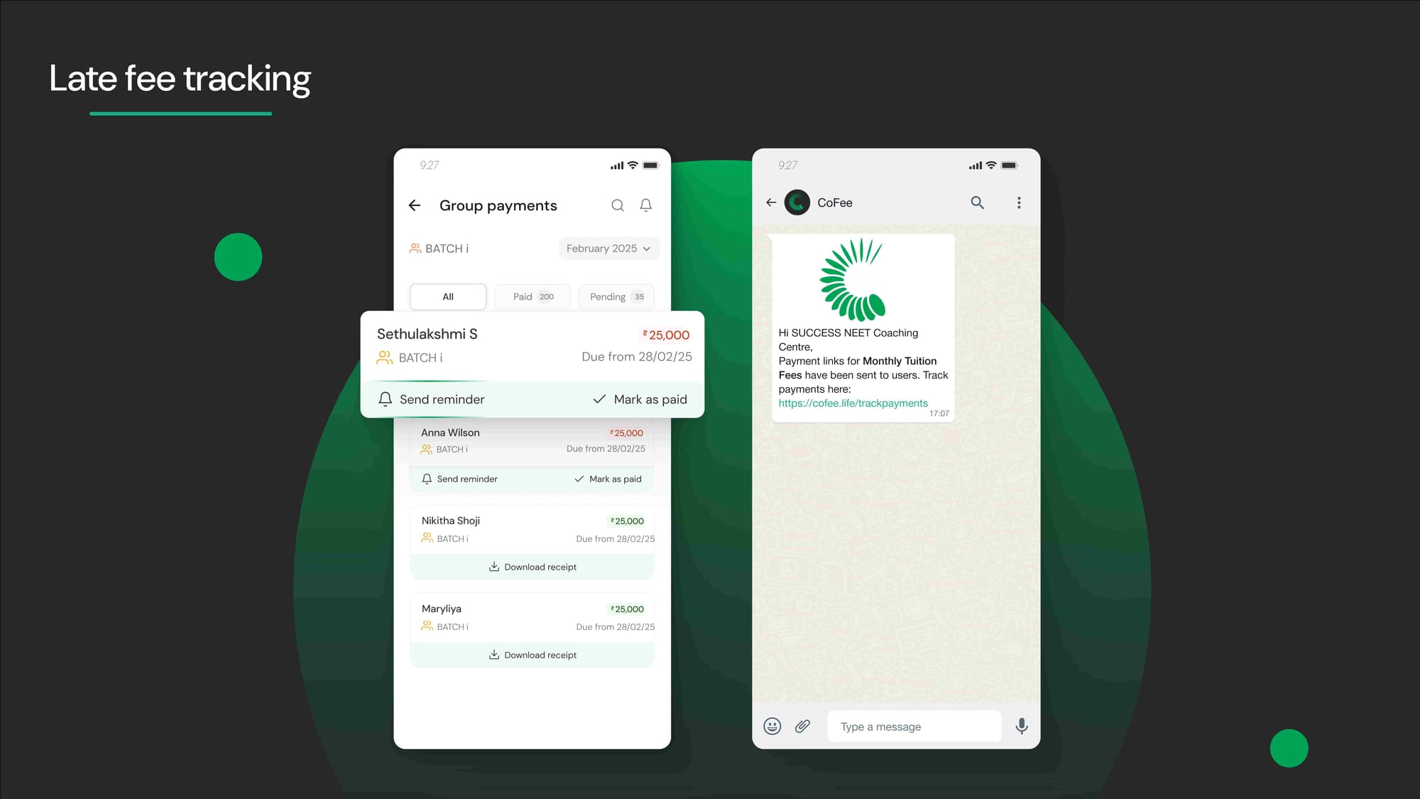 App interface of late fee reminder and payment link on WhatsApp for CoFee