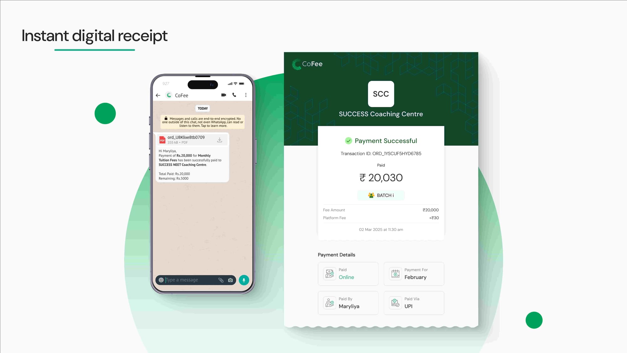 App interface showing auto-generated instant digital receipts for school fees