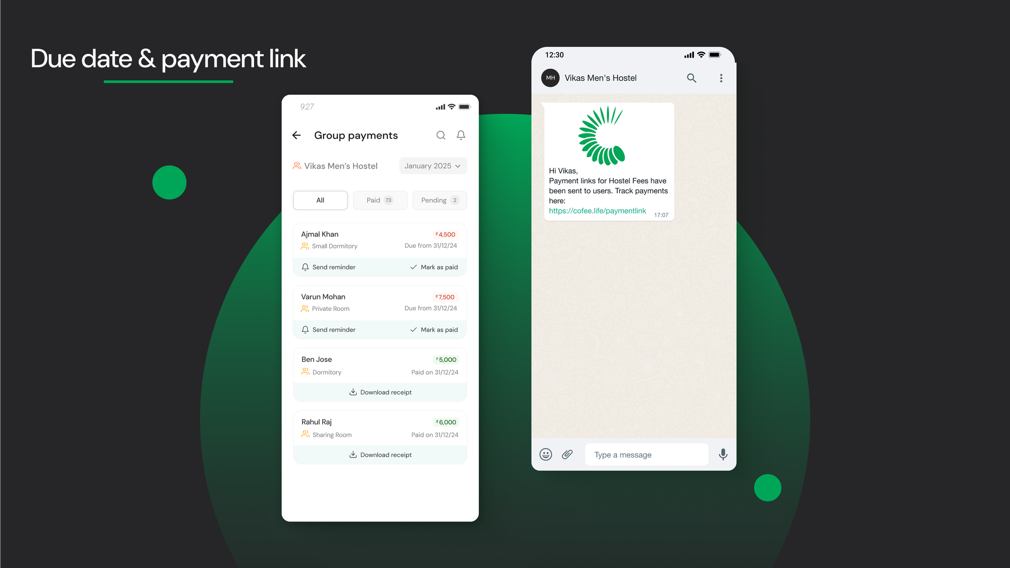 App interface of due dates and WhatsApp payment link for collecting fees through CoFee