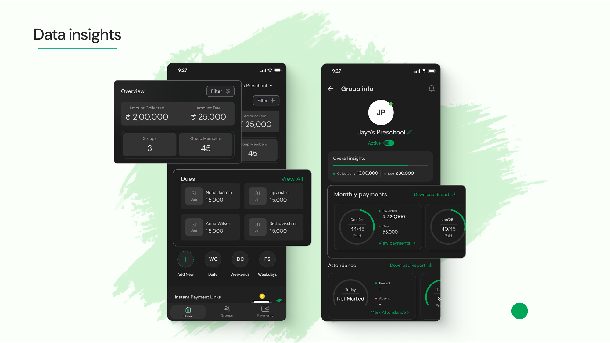 App interface showing financial insights and payment overview for preschool fee management